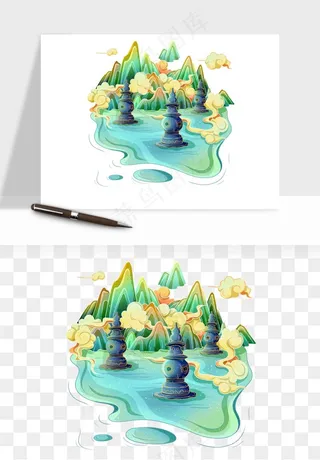 国潮城市地标山水建筑png免抠