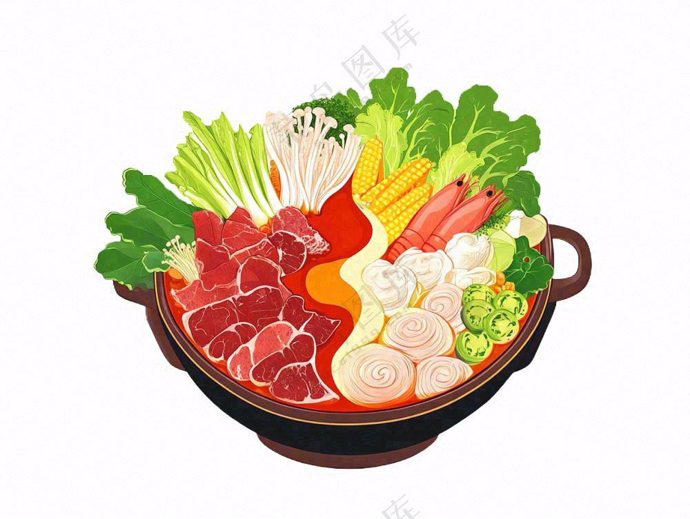 麻辣红油鸳鸯火锅美食插画免抠