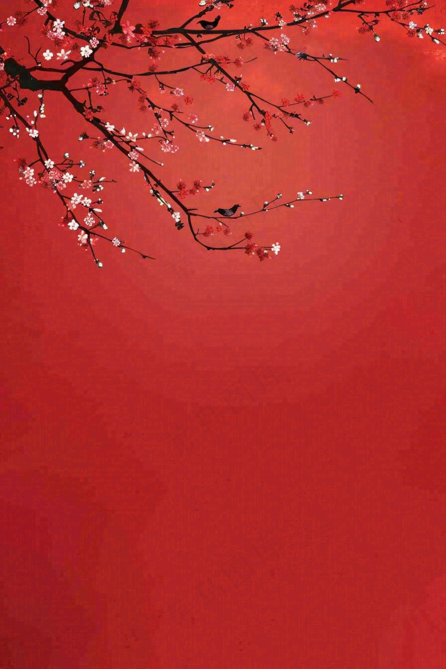 红色墙背景梅花红花鸟情人节七夕小年新年除夕背景