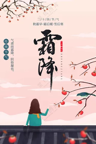 人物插画复古霜降节气传统海报