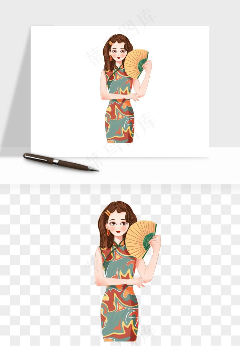 手绘国潮女性人物插画png免抠