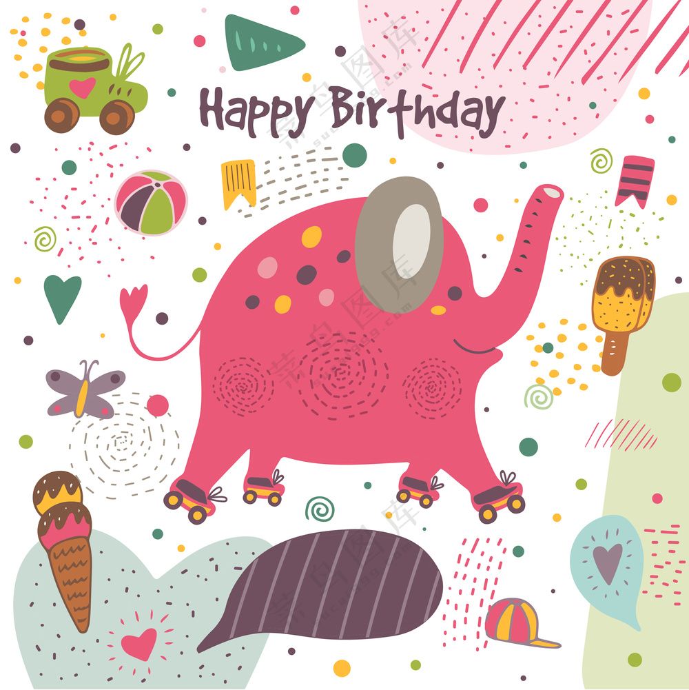 森系卡通可爱Q版插画手绘儿童话动物兔子大象背景底纹UI矢量素材 (4)