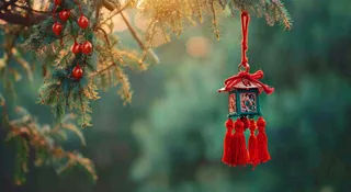 端午节树枝上挂着香囊艾叶香包祈福摄影图