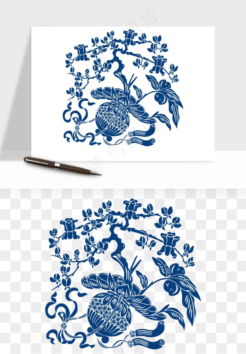 青花瓷花纹花卉图案png免抠