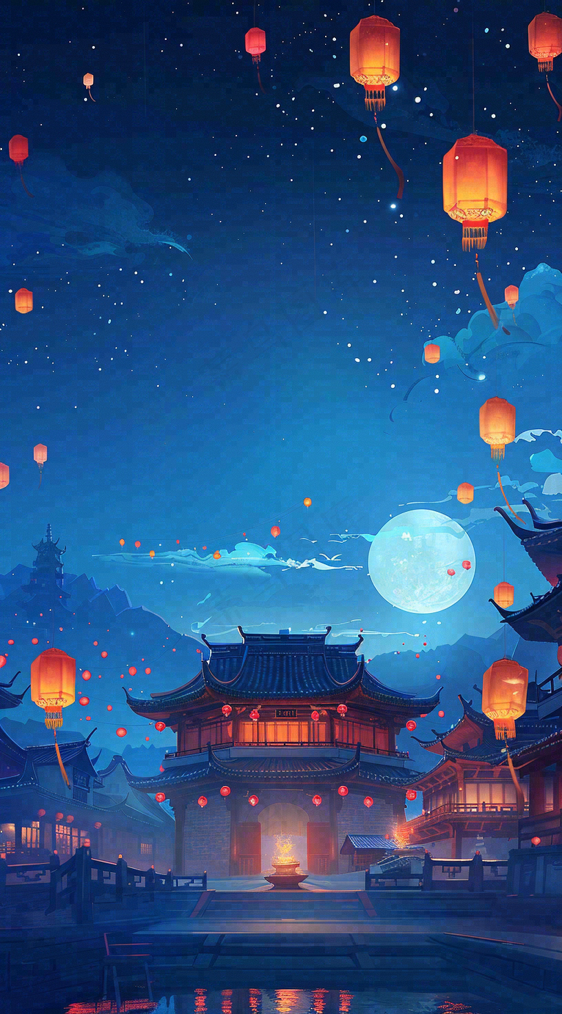 夜晚点灯孔明灯祈福中元节寒衣节插画背景
