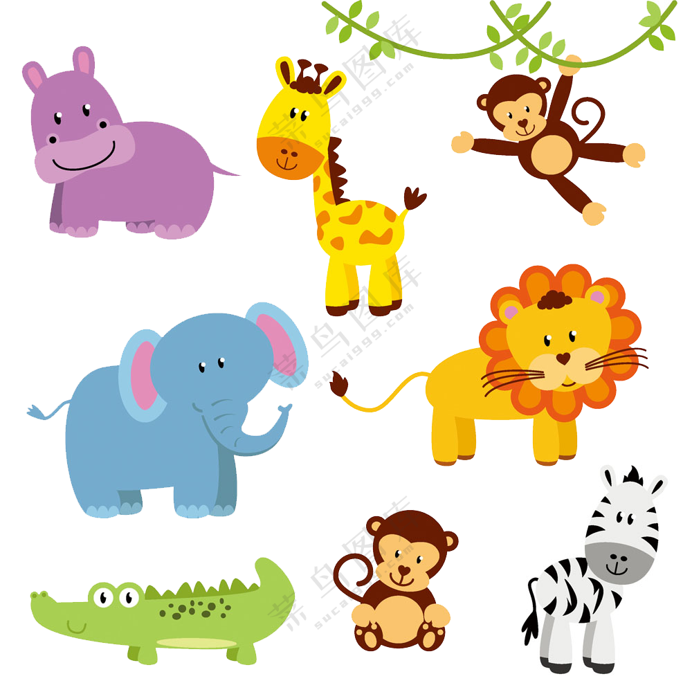 斑马猴子与鳄鱼等卡通形象免抠图片