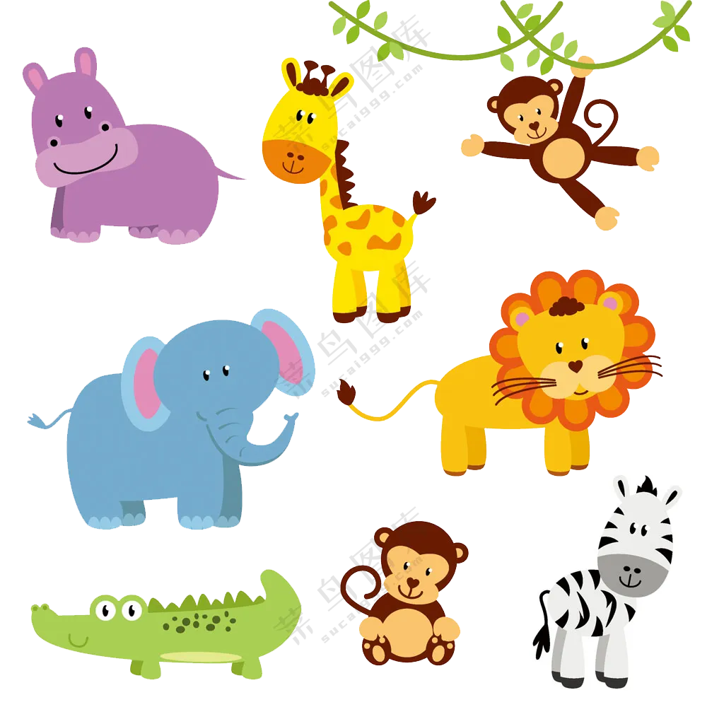 斑马猴子与鳄鱼等卡通形象免抠图片