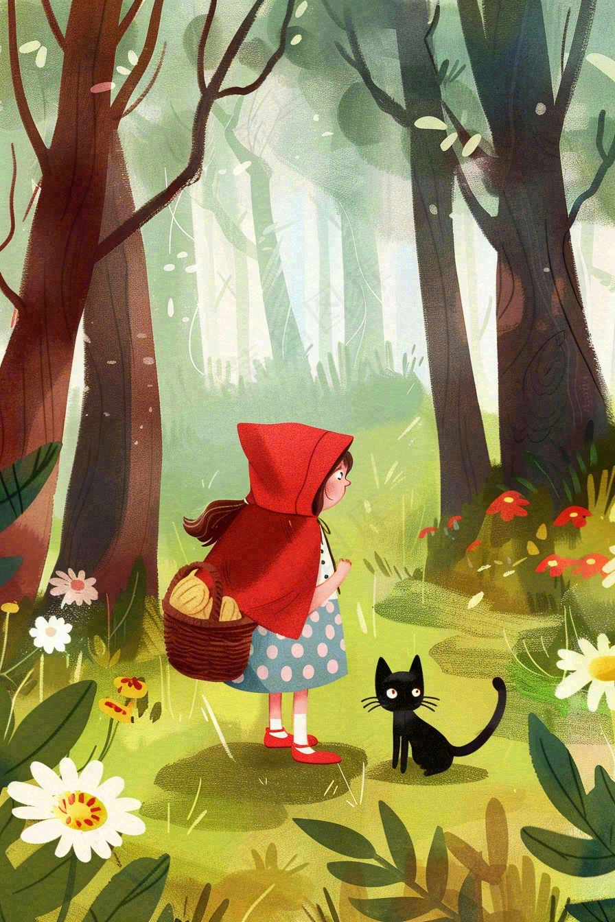 小红帽森林采蘑菇猫咪可爱童话儿童节卡通插画背景