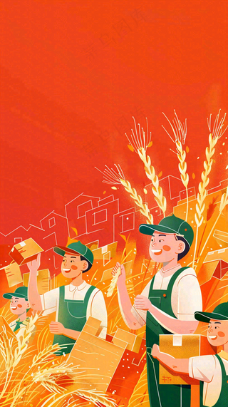 红色插画土地收成粮食农民辛勤劳作劳动节卡通插画背景