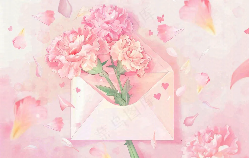 母亲节鲜花花束信封康乃馨粉色插画背景