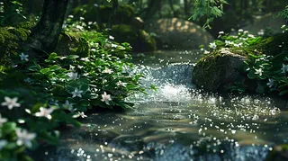 山涧溪流夏日清凉解暑苔藓植物小花立夏夏至摄影图
