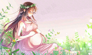 草丛鲜花里的孕妈妈唯美场景母爱母亲节粉色插画背景