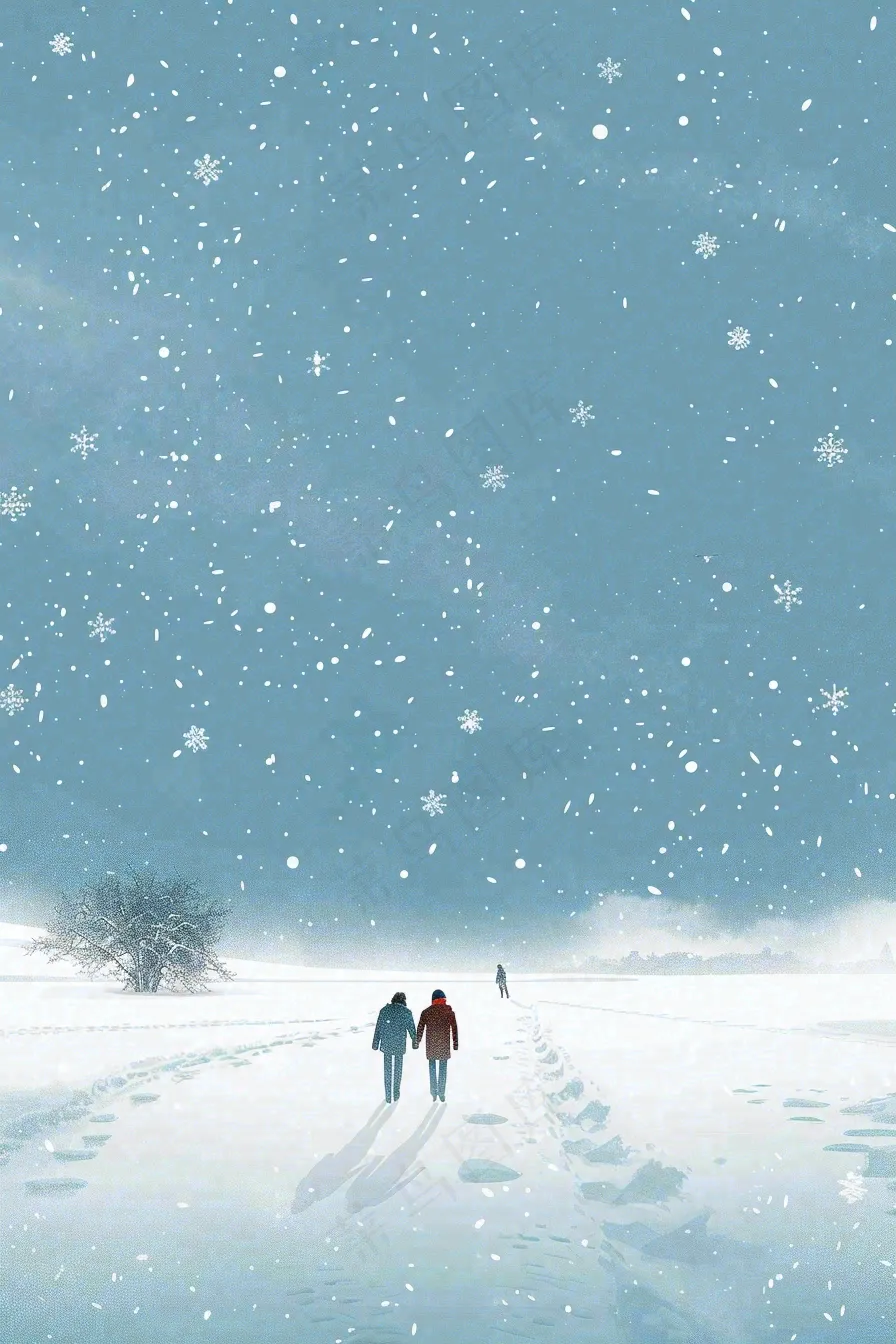 冬天大雪天雪地里漫步散步的人物冷清插画大雪小雪背景