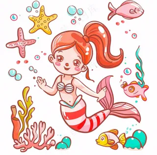 海洋美人鱼珊瑚鱼童话卡通插画免抠