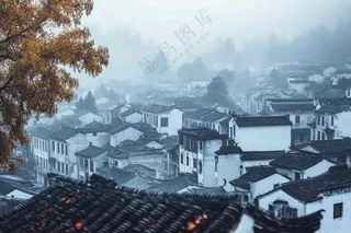 江南风景屋檐瓦舍雾村庄山林摄影图