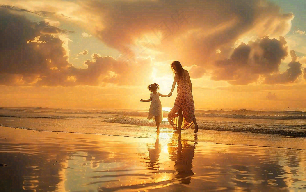 夏日海边沙滩妈妈和孩子散步母亲节温馨摄影图