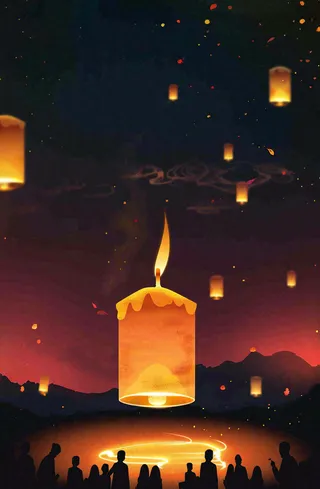 夜晚点灯孔明灯祈福中元节寒衣节插画背景