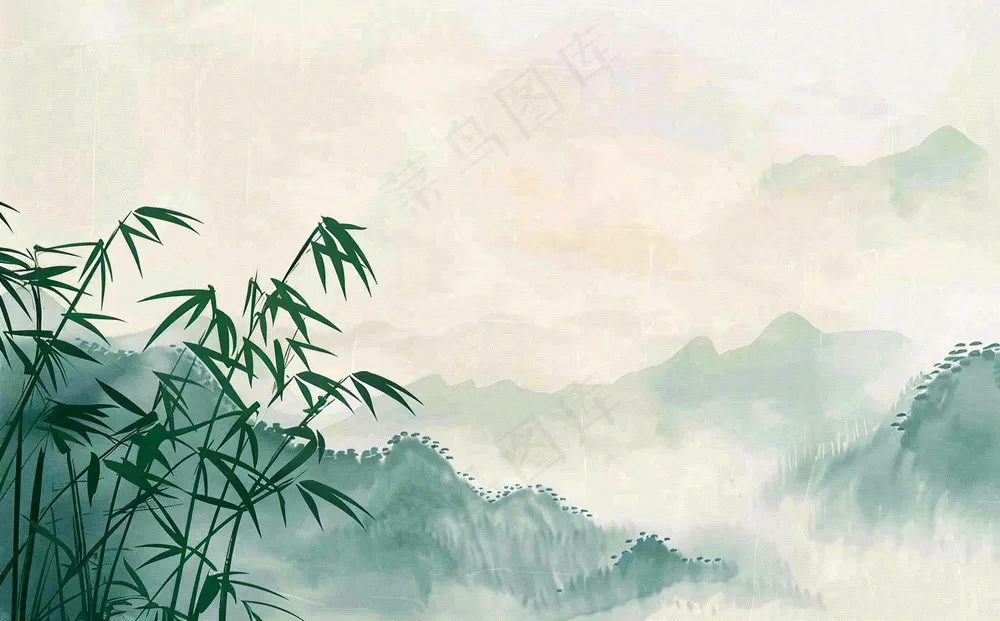中国风插画山水画青山竹子竹叶水彩端午节清明节插画背景