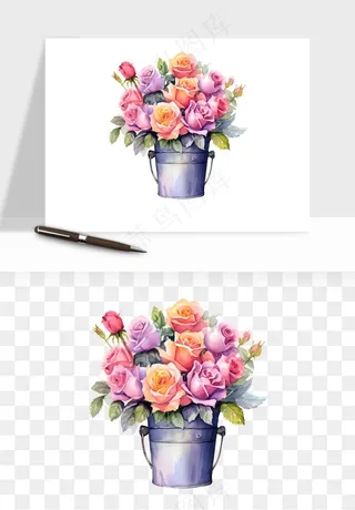 手绘花瓶花艺png免抠