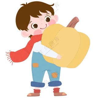 卡通风秋天穿背带裤抱着南瓜的可爱男孩儿童教育插画