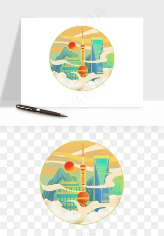 国潮城市地标山水建筑png免抠