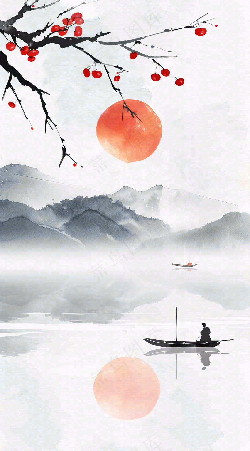 中国风山水秋冬柿子树霜降插画背景