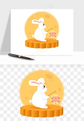 中秋月饼玉兔国潮插画png免抠
