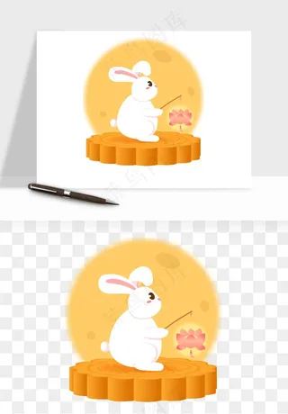 中秋月饼玉兔国潮插画png免抠