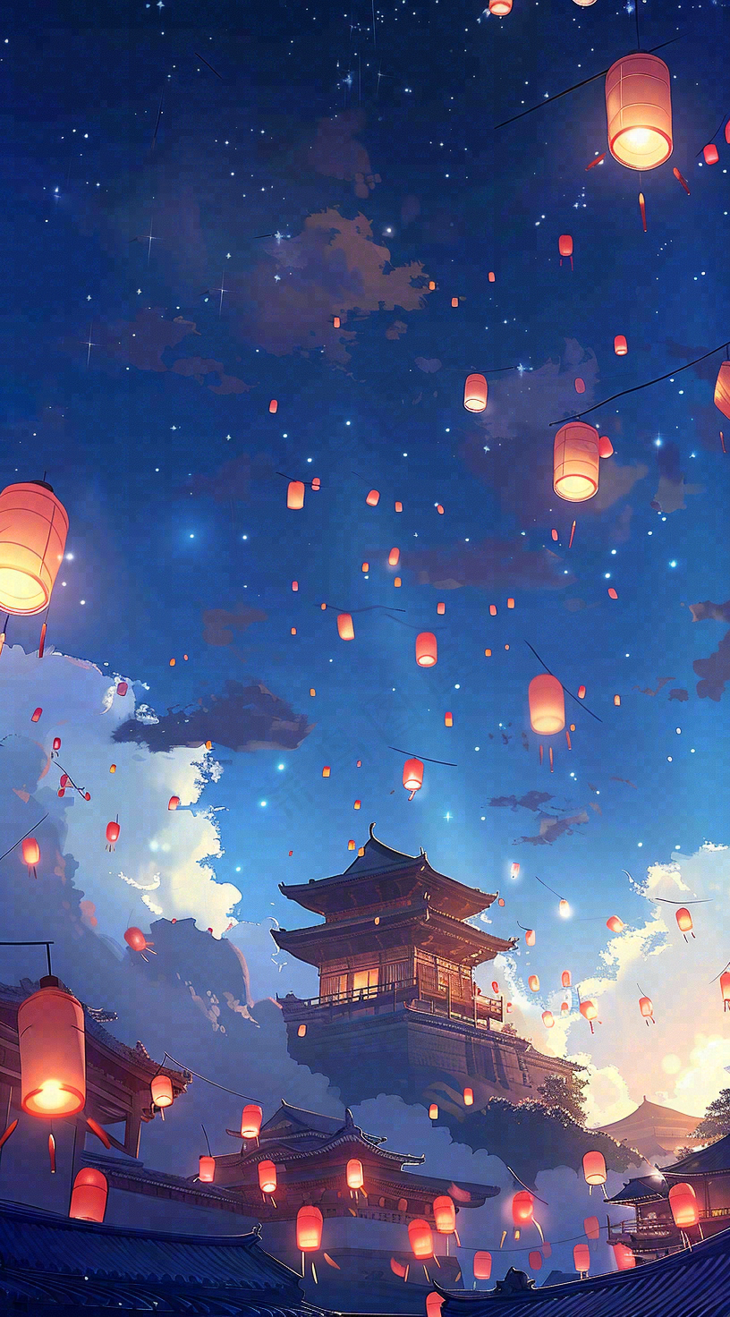 夜晚点灯孔明灯祈福中元节寒衣节插画背景