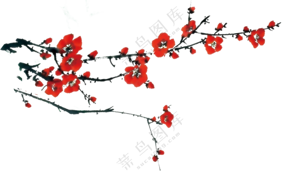 水墨中国风树枝上的红梅花免抠图片