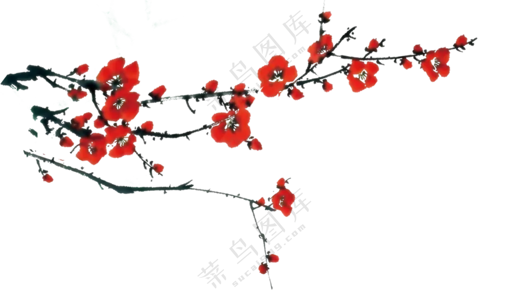 水墨中国风树枝上的红梅花免抠图片