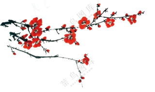 水墨中国风树枝上的红梅花免抠图片