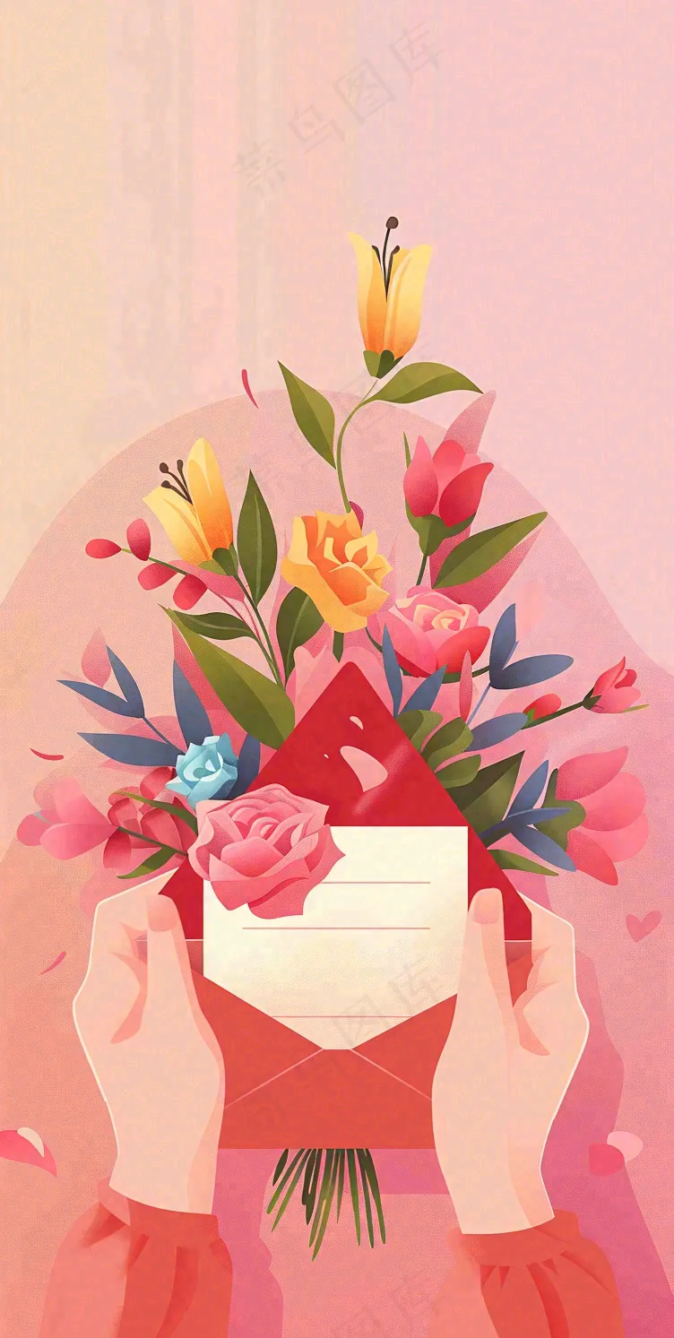 母亲节鲜花花束信封康乃馨粉色插画背景