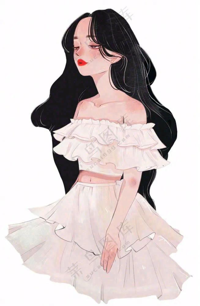 白色衣服的长头发少女美丽人物卡通插画免抠