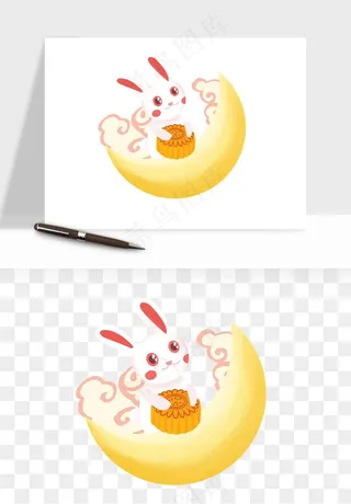 中秋月饼玉兔国潮插画png免抠