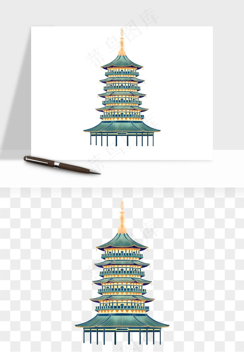 国潮风古建筑古楼古塔鼓楼psd,png免抠图(1500x2000)psd模版下载