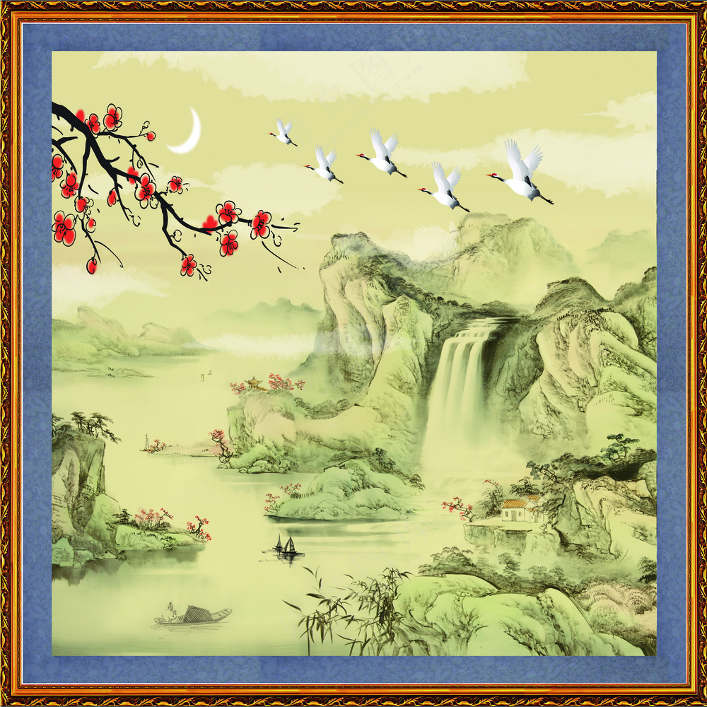 山水画  白鹤红梅 古风 画框可移动