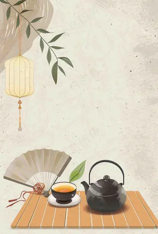 夏天树下饮茶休闲中国风小暑大暑端午节插画背景