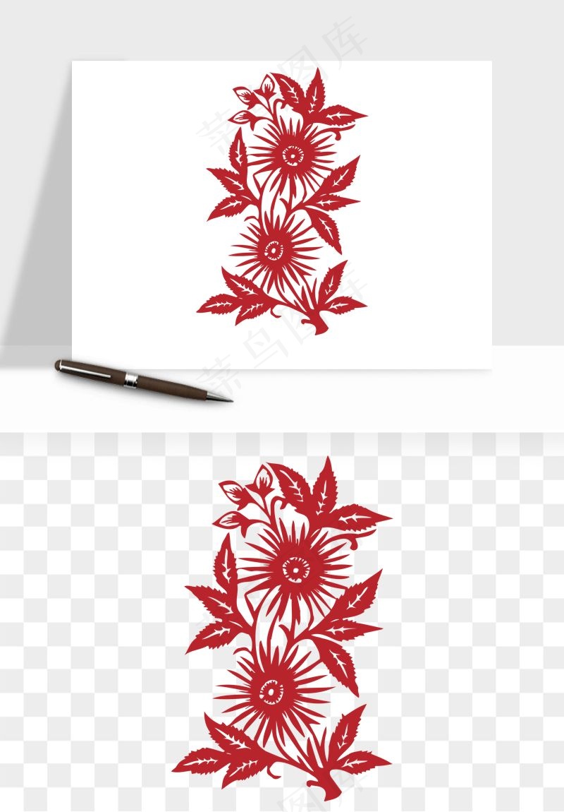 传统剪纸植物花卉png免抠
