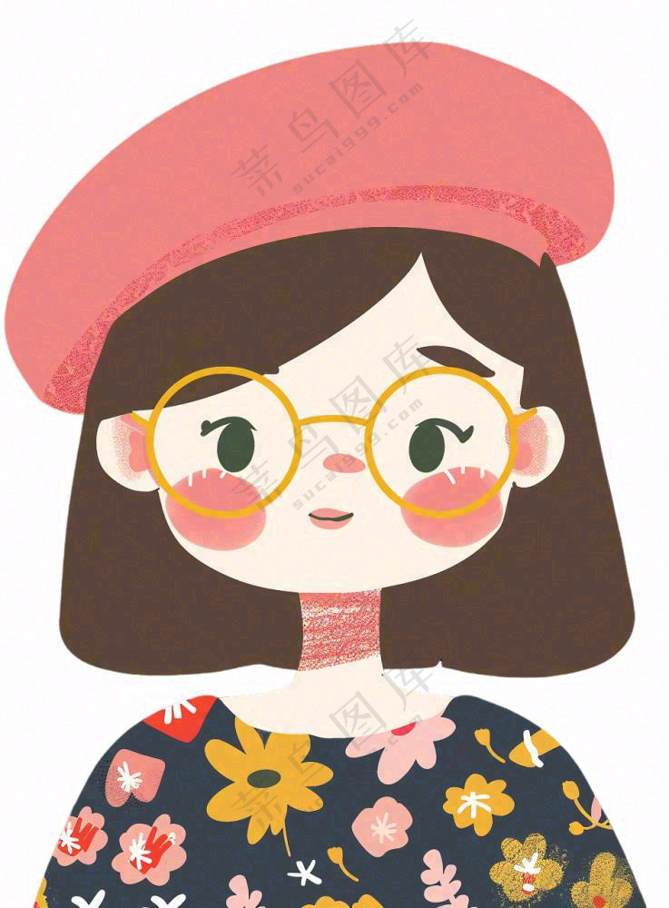 戴眼镜的可爱女孩精致人物卡通插画免抠