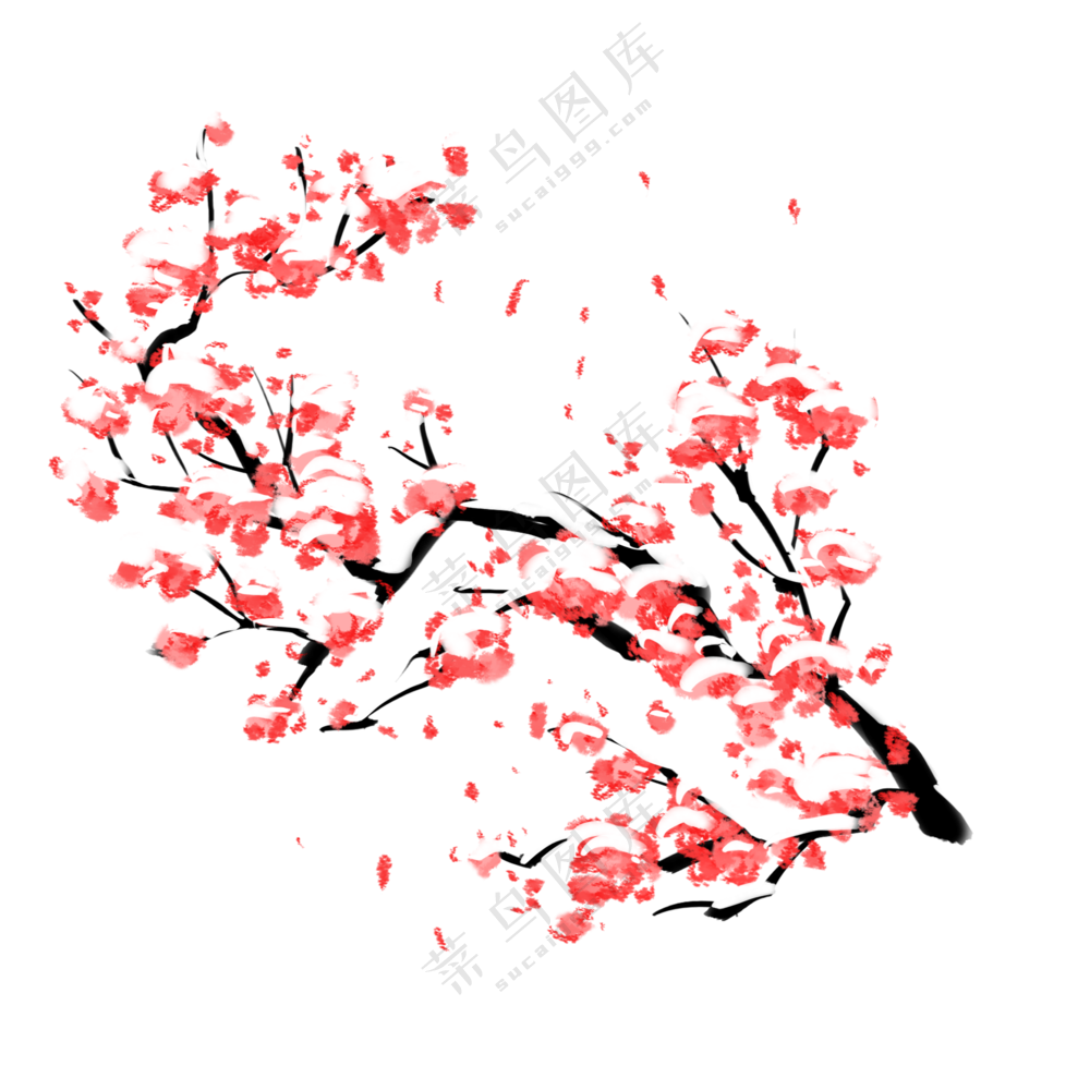 飘雪中绽放的红色花朵绘画免抠图片