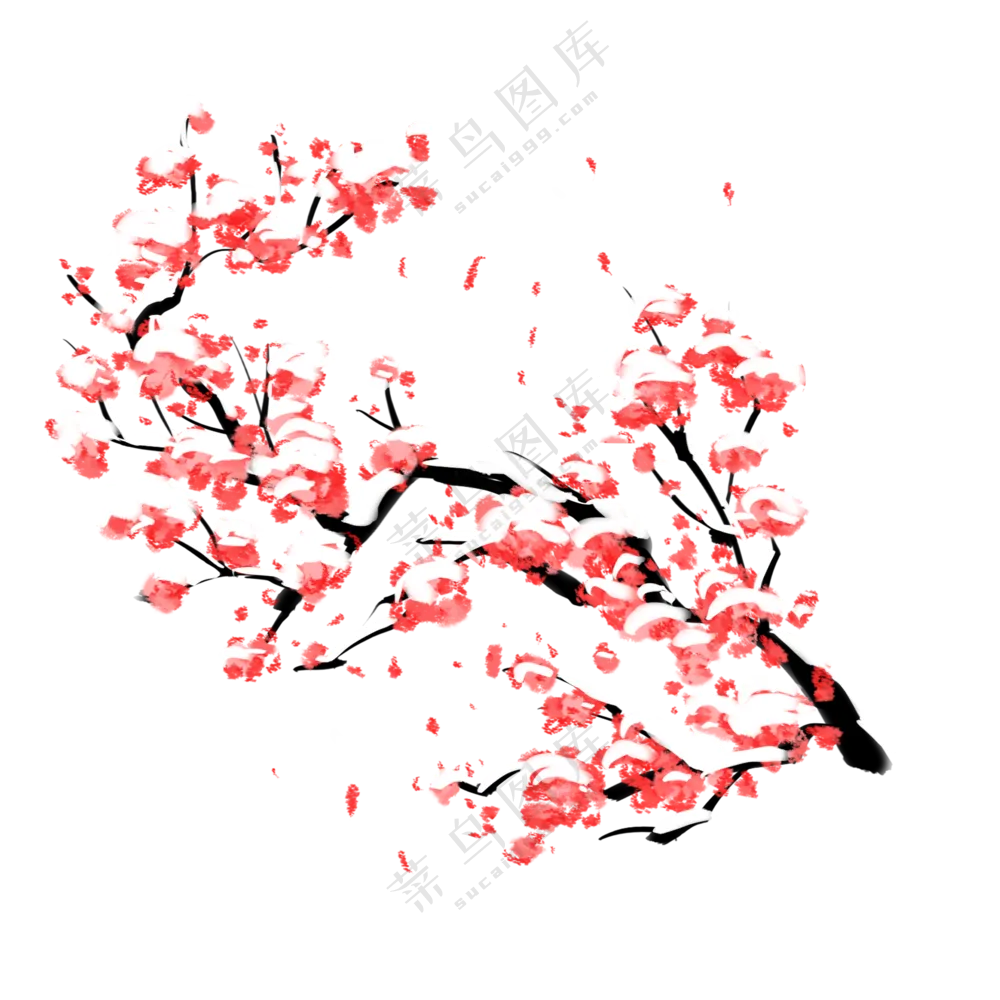 飘雪中绽放的红色花朵绘画免抠图片