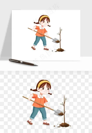 手绘植树节挖土人物png免抠