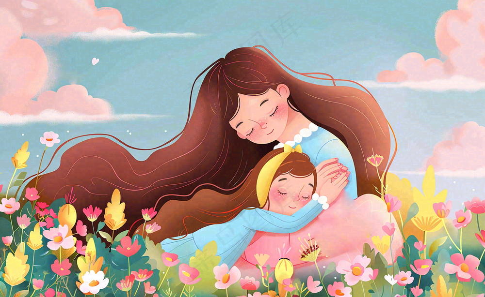 母亲节妈妈亲情抱着孩子鲜花光辉插画背景