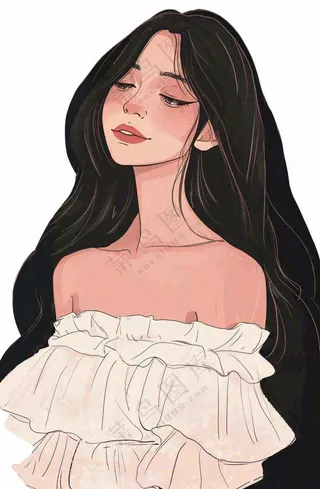 白色衣服的长头发少女美丽人物卡通插画免抠