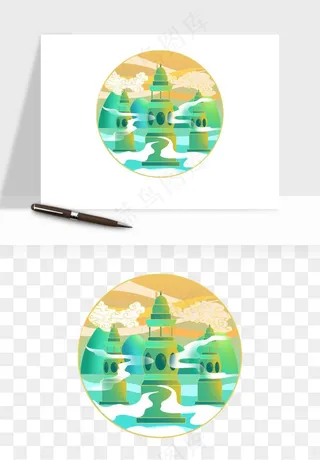 国潮城市地标山水建筑png免抠