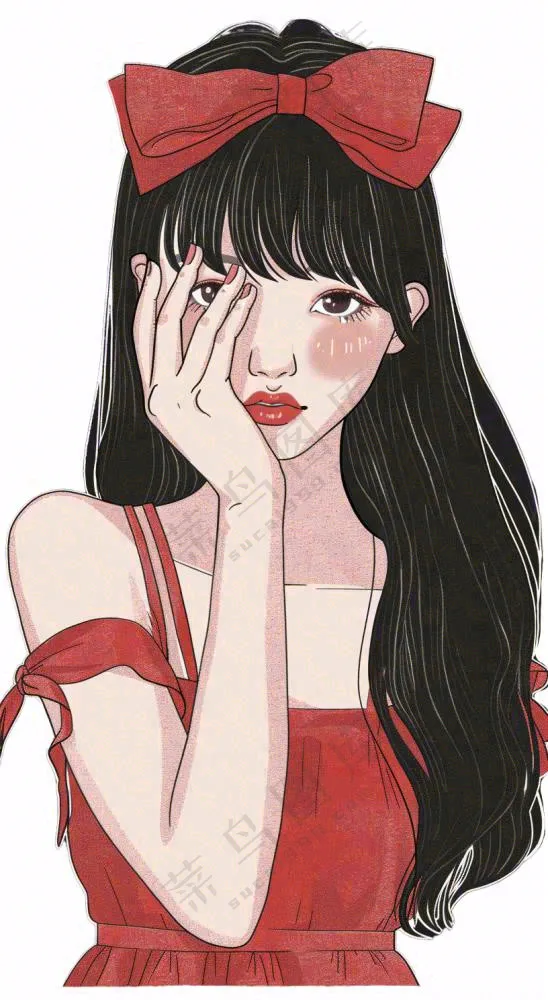 红色裙子的少女美丽卡通插画免抠