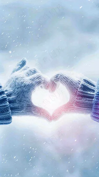冬季寒冷雪地玩雪手套爱心手势大雪小雪小寒浪漫情人节摄影图背景