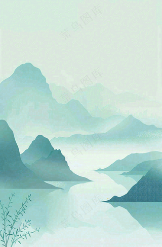 中国风插画山水竹叶青色插画清新淡雅端午节插画背景