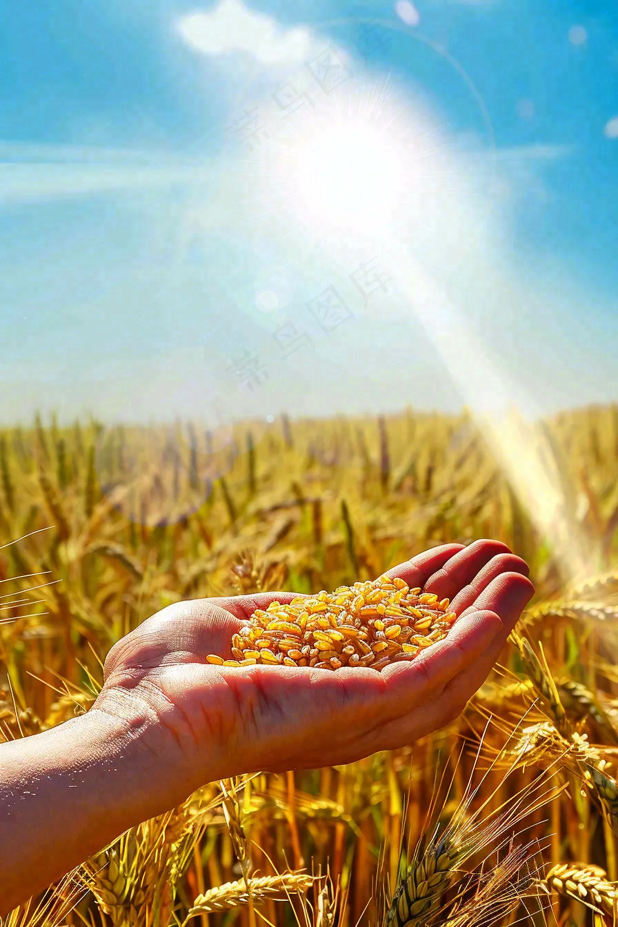金黄的稻田手捧粮食珍惜粮食芒种世界粮食日摄影图